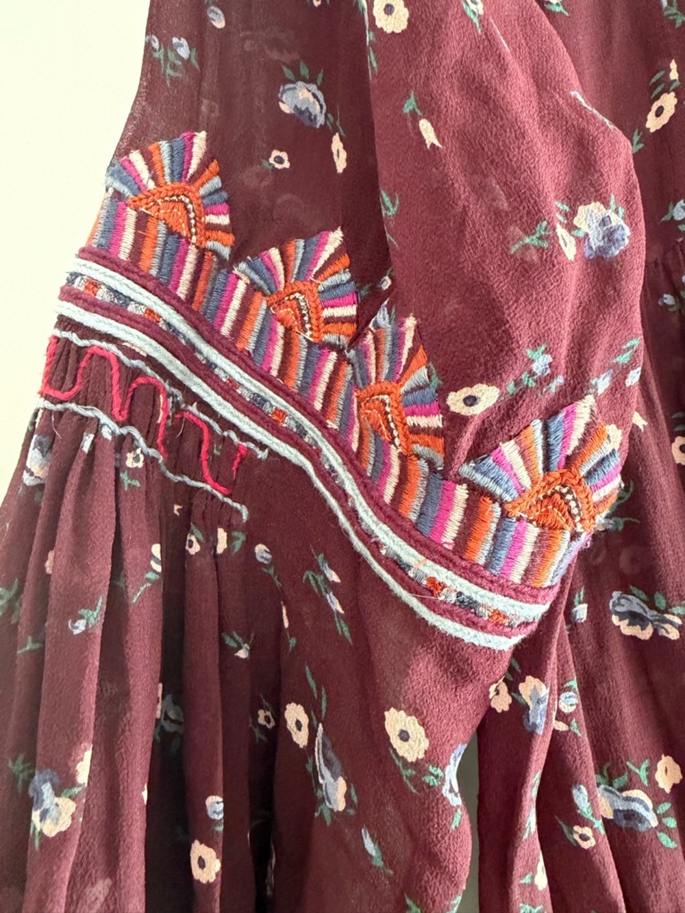 ULLA JOHNSON Gita Silk Embroidered Floral Drop Waist Boho Dress Bordeaux Size 6 - Picture 11 of 16
